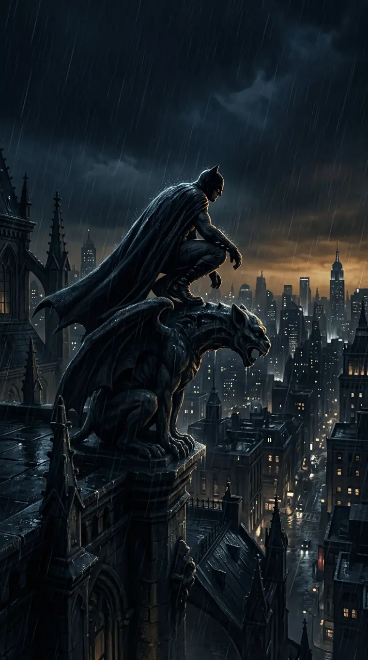 A caped figure keeping watch over a rain-soaked gothic skyline